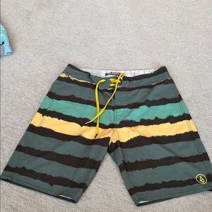 Volcom Men's Swim Shorts - Green, Yellow, Black Stripes